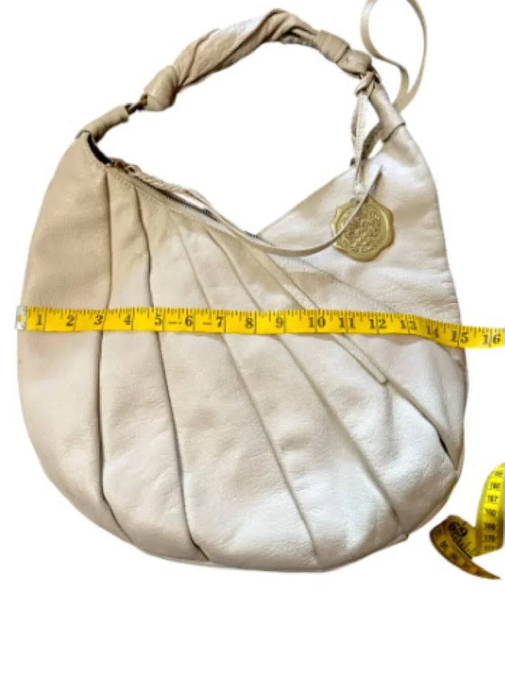 Vince Camuto Pebbled Leather Hobo Bag Ivory Gold Medallion Purse